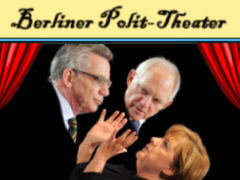 Merkel, de Maiziere und Schuble auf der Bhne des Polit-Theaters Berlin - Grafik: Samy - Creative-Commons-Lizenz 'Namensnennung 3.0 nicht portiert'
