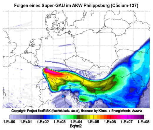 Folgen eines Super-GAU im AKW Philippsburg, Csium-137 - Grafik: ProjektFLEXRISK