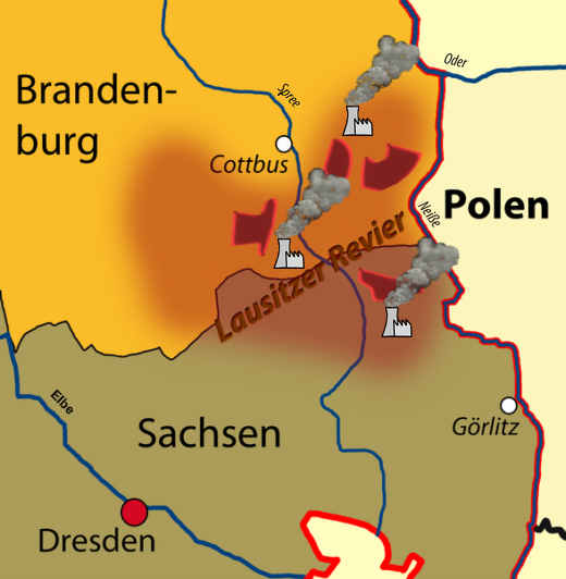 Braunkohle-Revier Lausitz mit Tagebauen und Kraftwerken - Grafik: Mildmr / R.N.