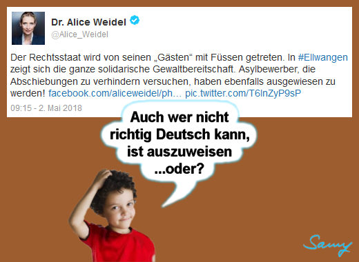 Fritzle und Dr. Alice Weidels Deutschkenntnisse - Grafik: Samy - Creative-Commons-Lizenz Namensnennung Nicht-Kommerziell 3.0