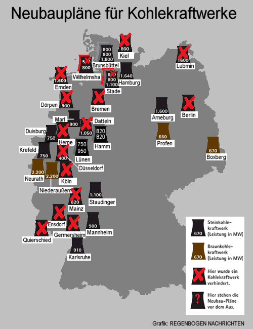 geplante und verhinderte Kohlekraftwerke