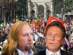 Anton Hofreiter und Klaus Ernst als Hauptredener beim G7-Protest in Mnchen, 2015 - Collage: Samy