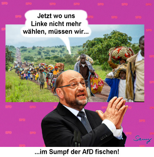 Schulz und der Sumpf - Karikatur: Samy - Creative-Commons-Lizenz Namensnennung Nicht-Kommerziell 3.0