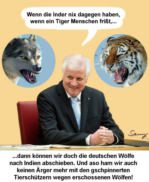 Seehofer will Wlfe abschieben - Karikatur: Samy - Creative-Commons-Lizenz Namensnennung Nicht-Kommerziell 3.0