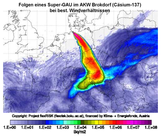 Folgen eines Super-GAU im AKW Brokdorf, Csium-137 - Grafik: ProjektFLEXRISK - Creative-Commons-Lizenz Nemensnennung Nicht-Kommerziell 3.0